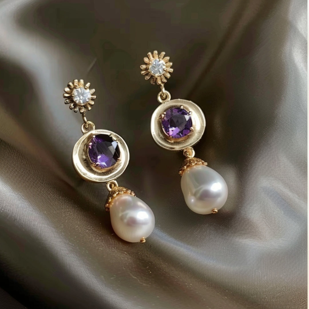 Rounded Golden Purple Zirconia Pearl Earrings-Lydieannejewelry