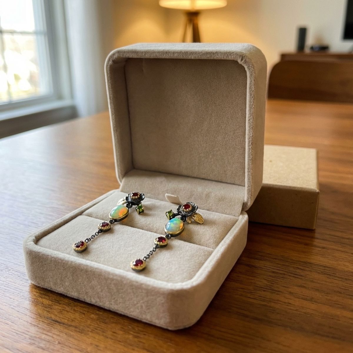 Boho Earrings with Opal and Red Zirconia