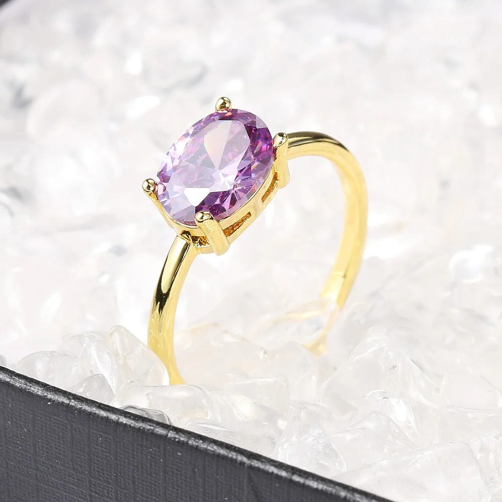 Gold Radiant Oval Purple Gem & Polished Band Ring-Lydieannejewelry