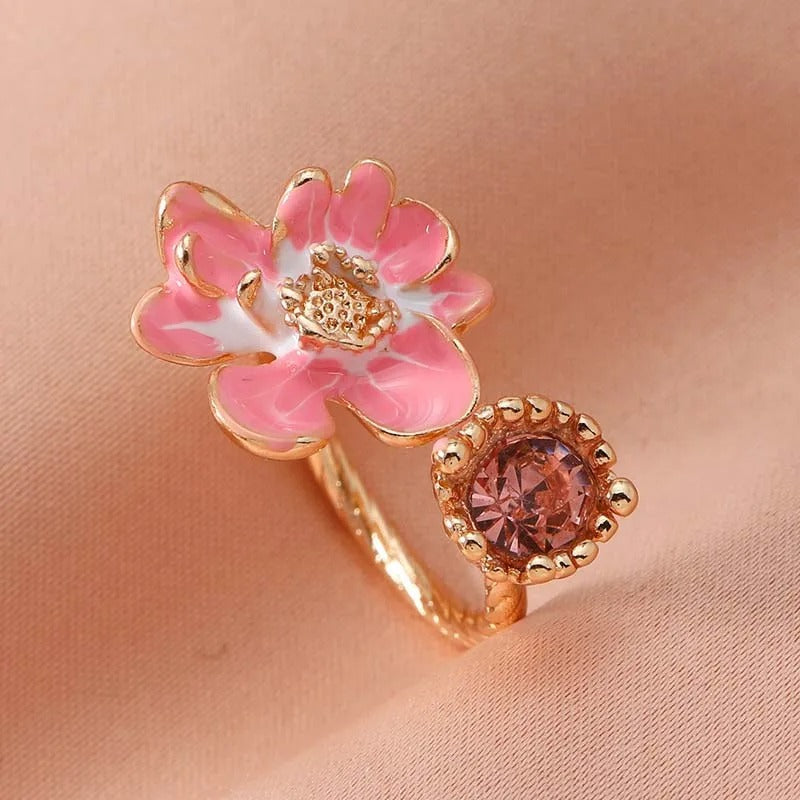 Vintage Pink Floral & Rose Gemstone Open Ring-Lydieannejewelry