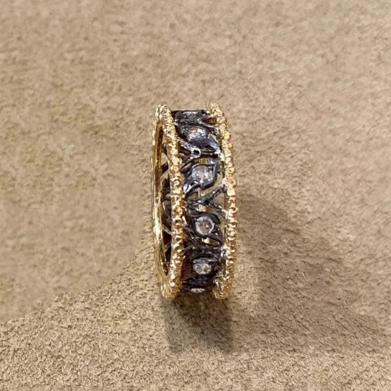 Vintage Gold & Black Carved Leaf Hollow Adjustable Ring-Lydieannejewelry