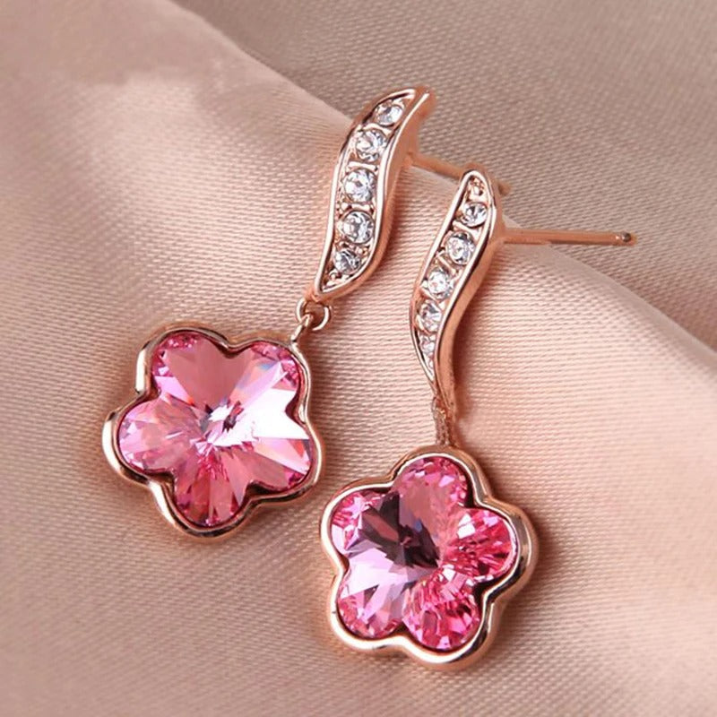 Sparkling Pink Crystal Charming Floral Earrings-Lydieannejewelry