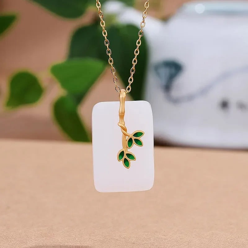 Classic White Stone Gold Leafy Branch Pendant Necklace-Lydieannejewelry