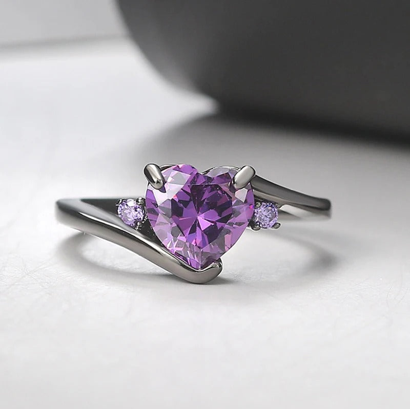 Silver Heart-Shaped Purple Gemstone Ring-Lydieannejewelry