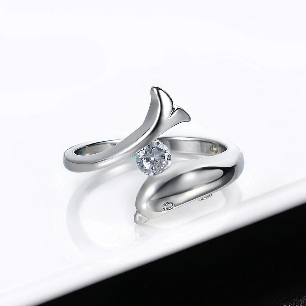 Silver Dolphin Sparkling Centerpiece Ring-Lydieannejewelry