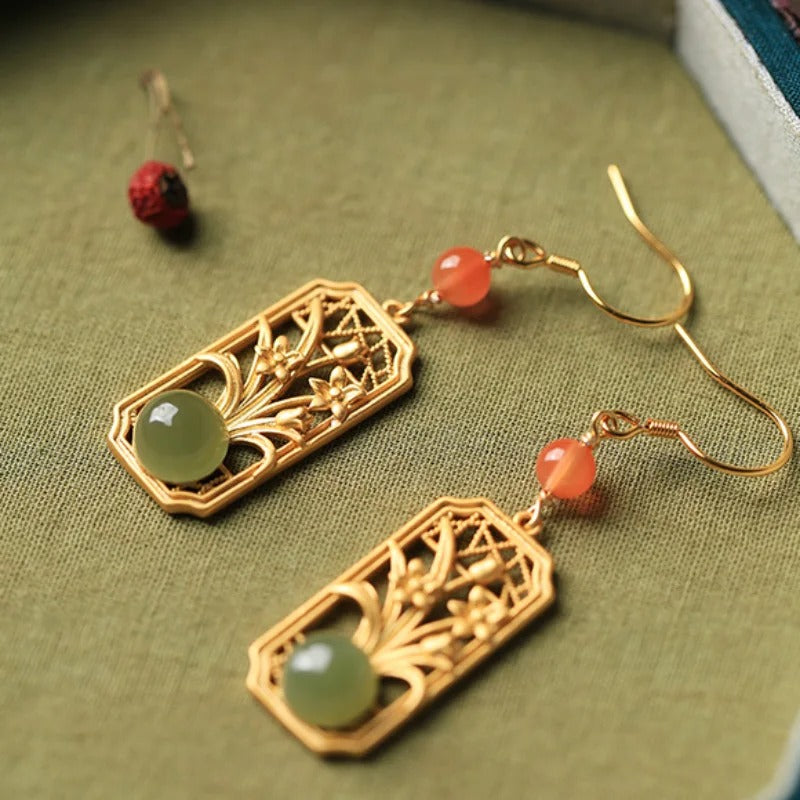 Vintage Gold Fresh Green Gem & Floral Design Earrings-Lydieannejewelry