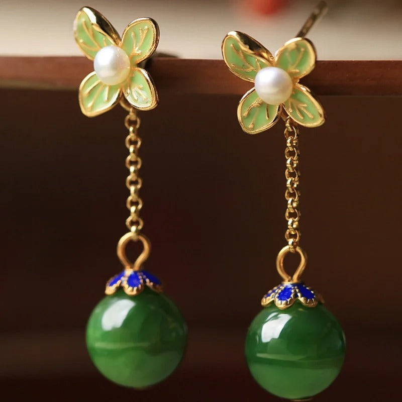 Vintage Gold Pearl Fresh Flower & Green Gemstone Earrings-Lydieannejewelry