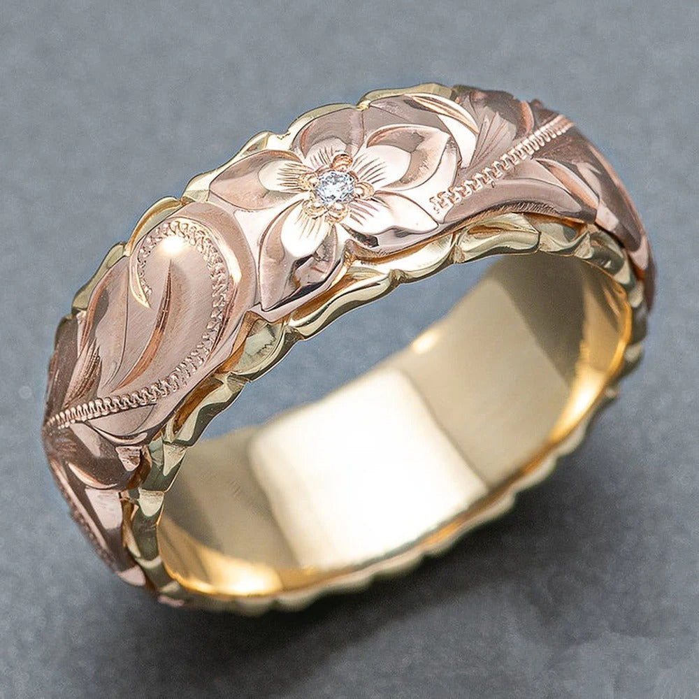 Vintage Rose Gold Flower Engraved Ring-Lydieannejewelry