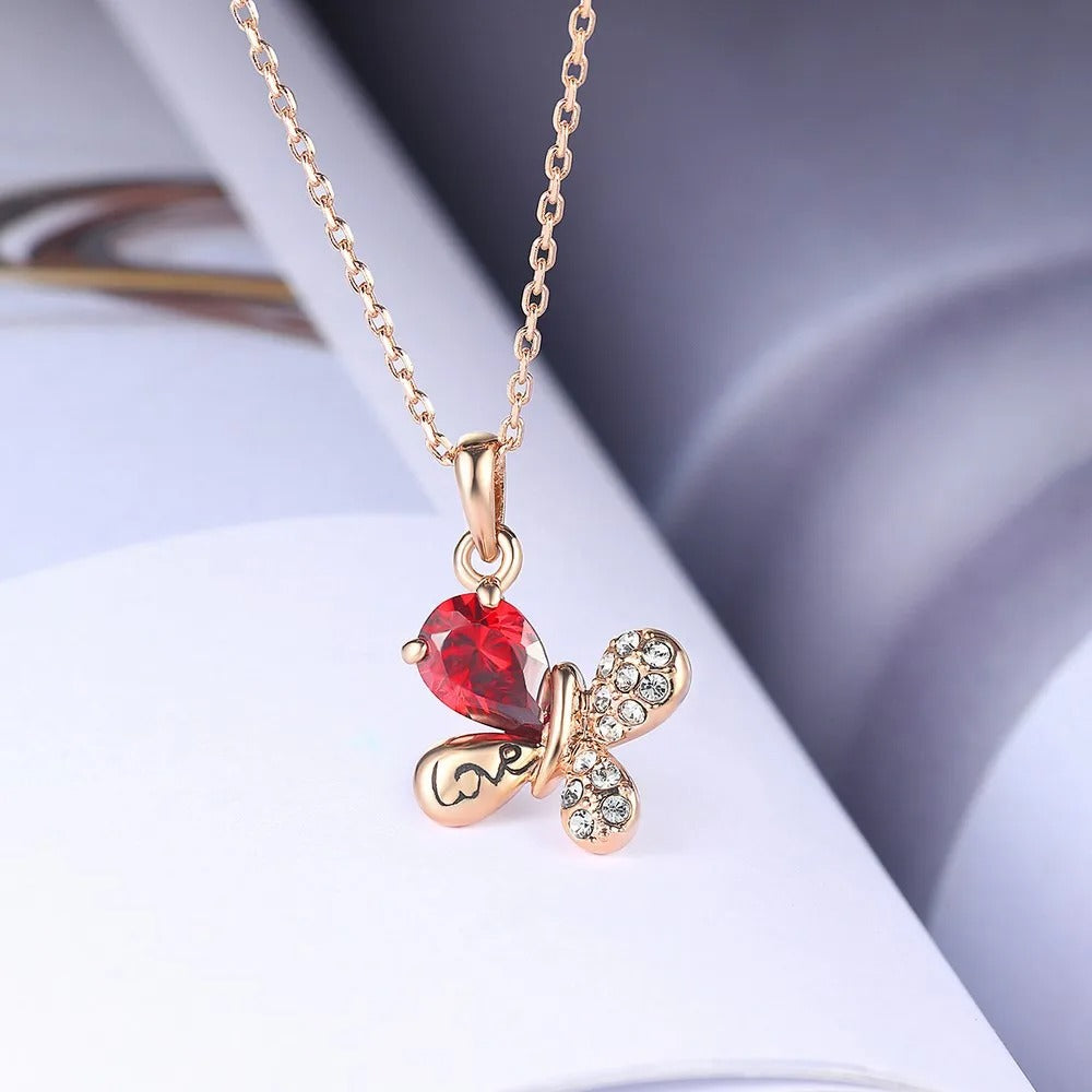 Rose Gold Heart-Shaped Red Gem Butterfly Pendant Necklace-Lydieannejewelry