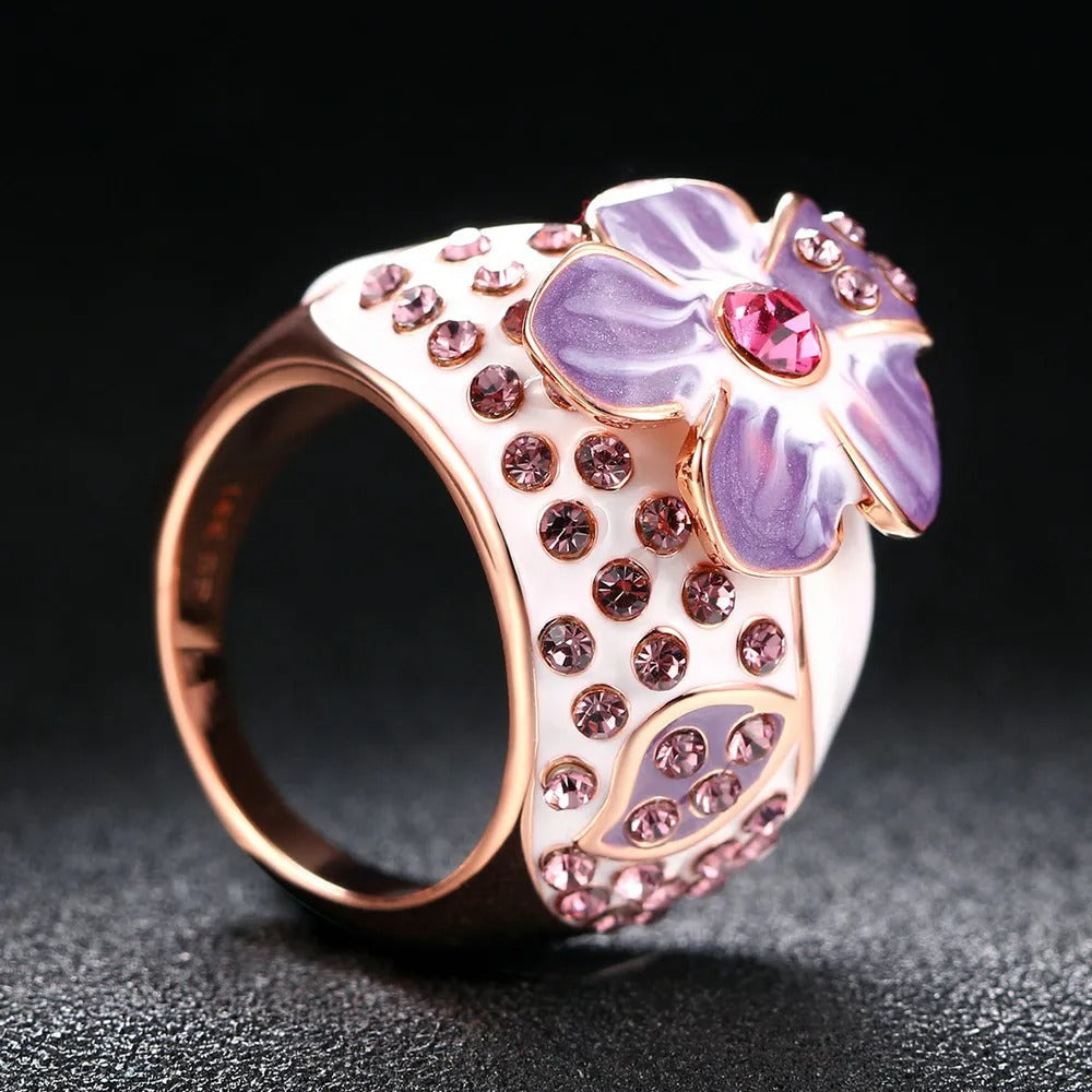 Classic Rose Gold Purple Floral Design & Crystal Ring-Lydieannejewelry