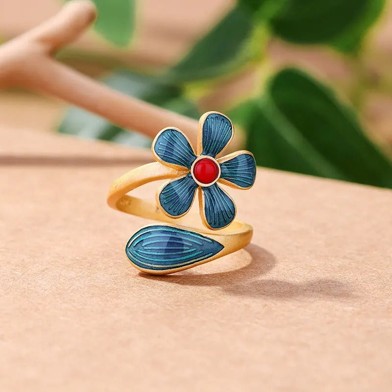 Retro Gold Blue Enamel Flower & Red Stone Adjustable Ring-Lydieannejewelry