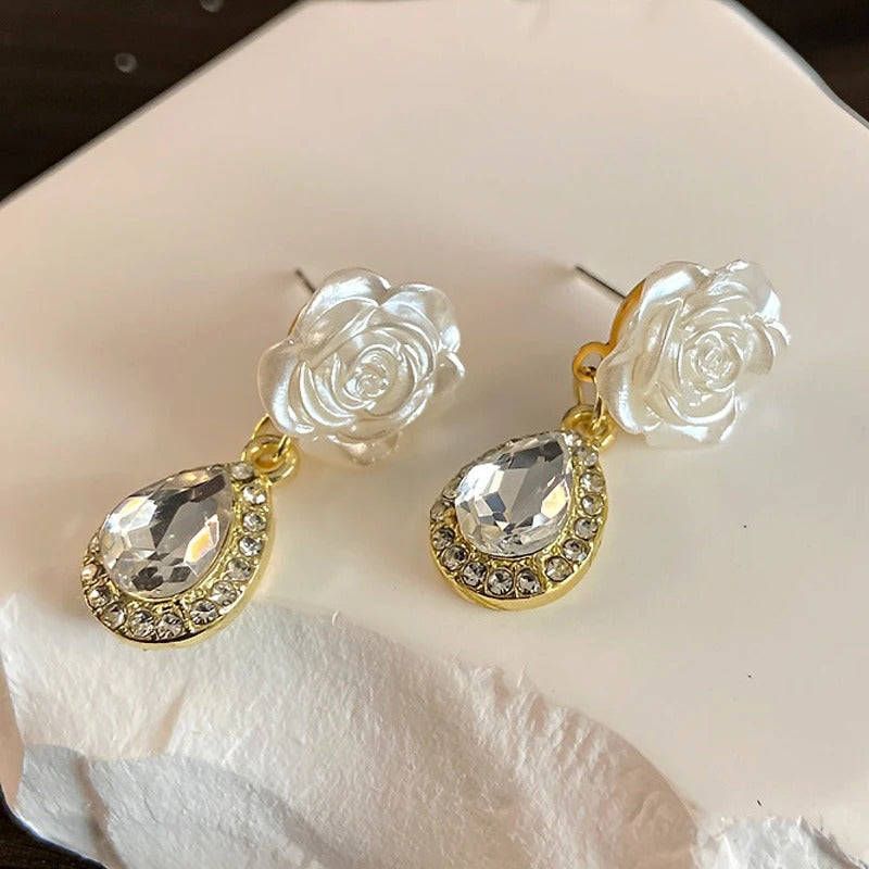 Vintage White Rose Teardrop Earrings-Lydieannejewelry