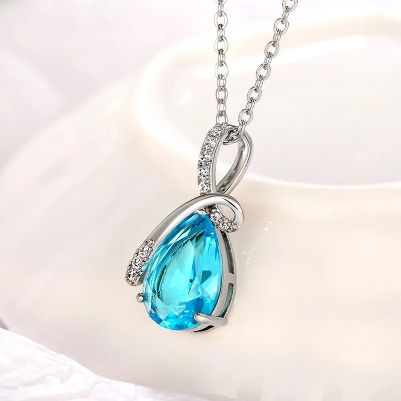Vintage Silver Teardrop Aqua Necklace-Lydieannejewelry