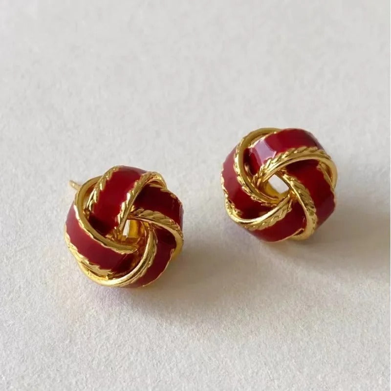 Gold-Plated Red Knot Design Stud Earrings-Lydieannejewelry
