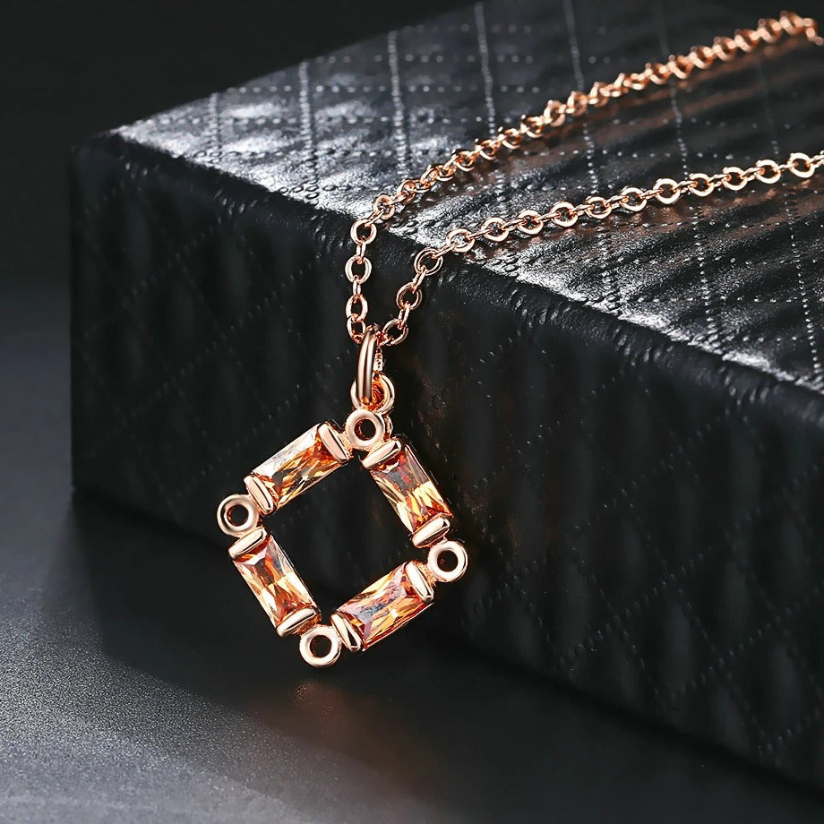 Classic Rose Gold Crystal Square Charm Necklace-Lydieannejewelry