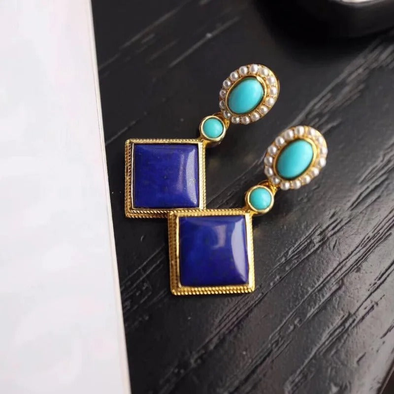 Retro Gold & Lapis Square Blue Gemstone Dangle Earrings-Lydieannejewelry