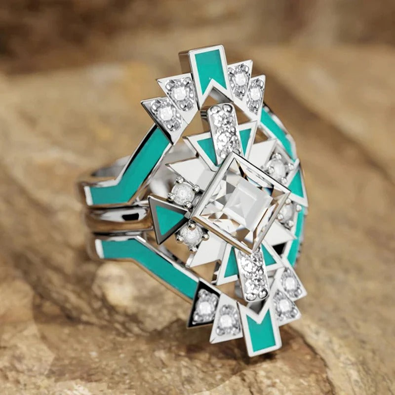 Silver Geometric Turquoise Gemstone Ring-Lydieannejewelry