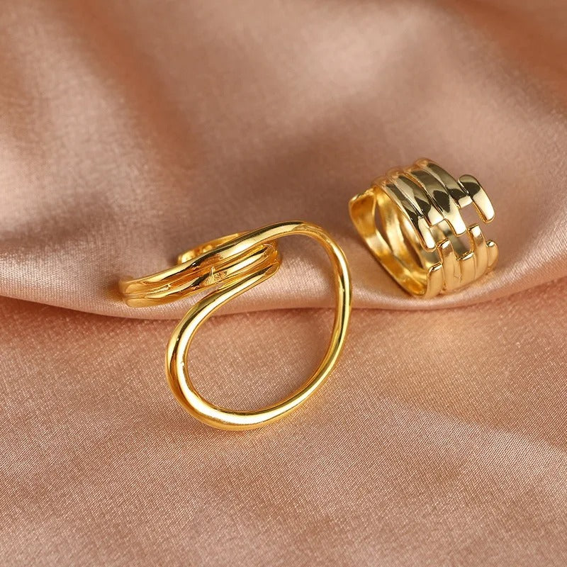 Retro Smooth Curved & Layered Gold Band Adjustable Ring Set-Lydieannejewelry