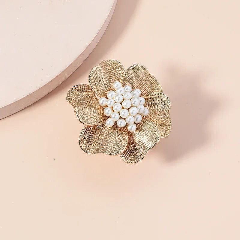 Classic Gold Floral White Pearl Adjustable Ring-Lydieannejewelry