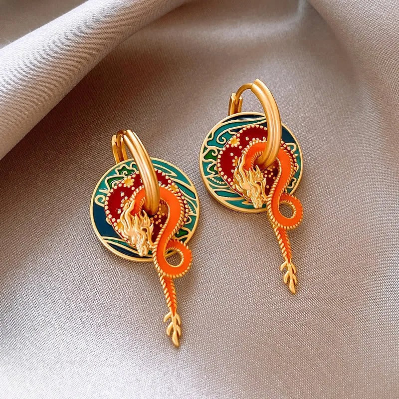 Classic Gold Colorful Dragon & Flame Design Earrings-Lydieannejewelry