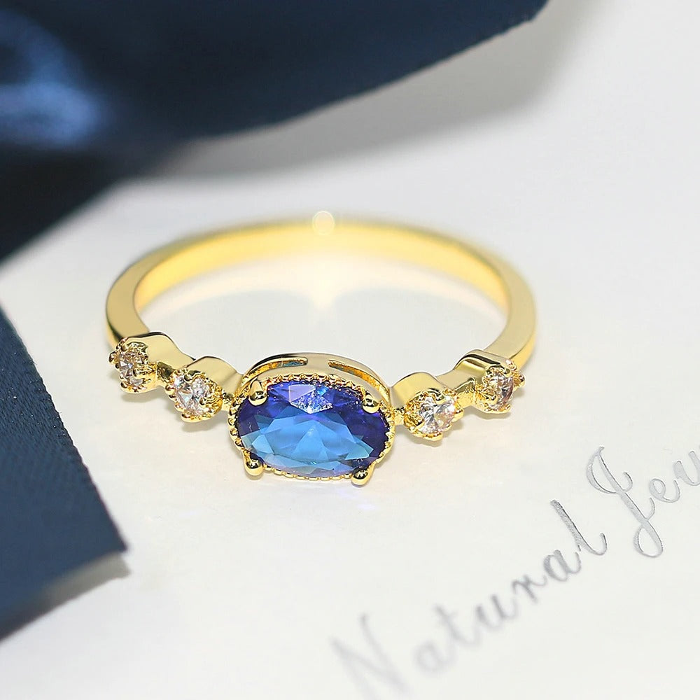 Vintage Gold Blue Oval Crystal Ring-Lydieannejewelry