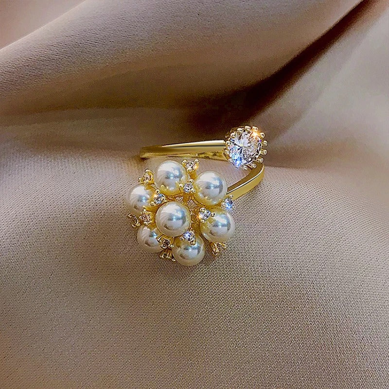 Vintage Pearl & Crystal Flower Adjustable Ring-Lydieannejewelry