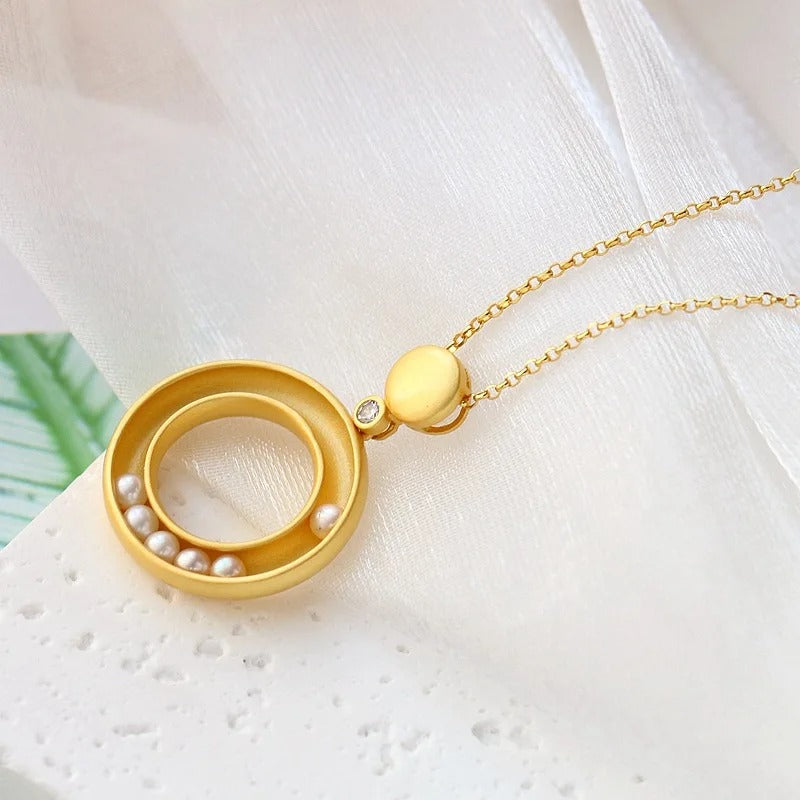 Classic Gold Matte Pearl & Circle Design Pendant Necklace-Lydieannejewelry