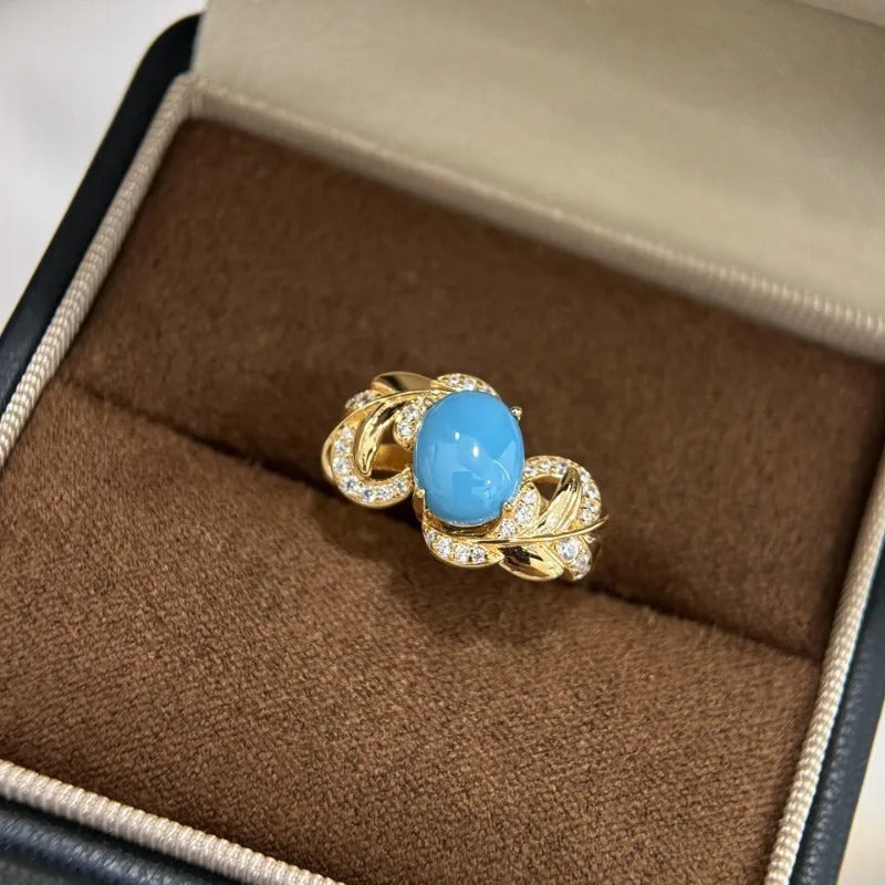 Retro Gold & Blue Stone Leaf Design Ring-Lydieannejewelry
