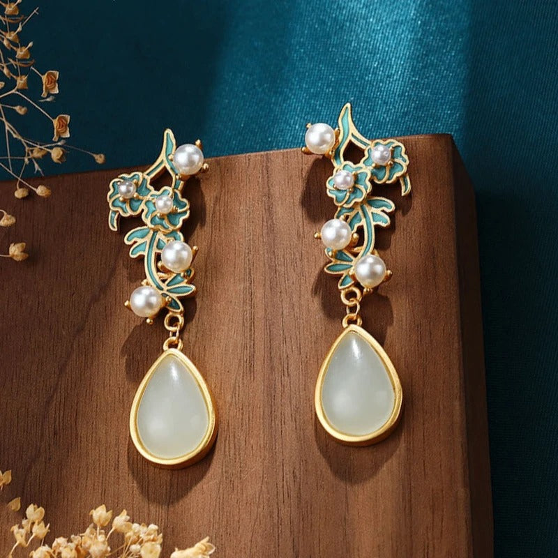 Classic Gold & Green Floral Inlaid Pearl Jade Water Drop Earrings-Lydieannejewelry