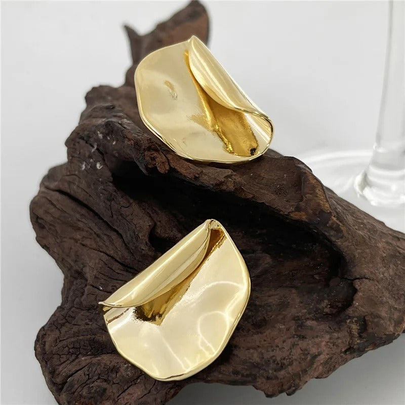 Classic Gold Wavy Folded Ruffle Stud Earrings-Lydieannejewelry