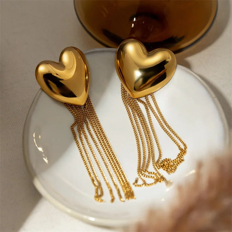 Vintage Gold Heart Cascading Chain Earrings-Lydieannejewelry