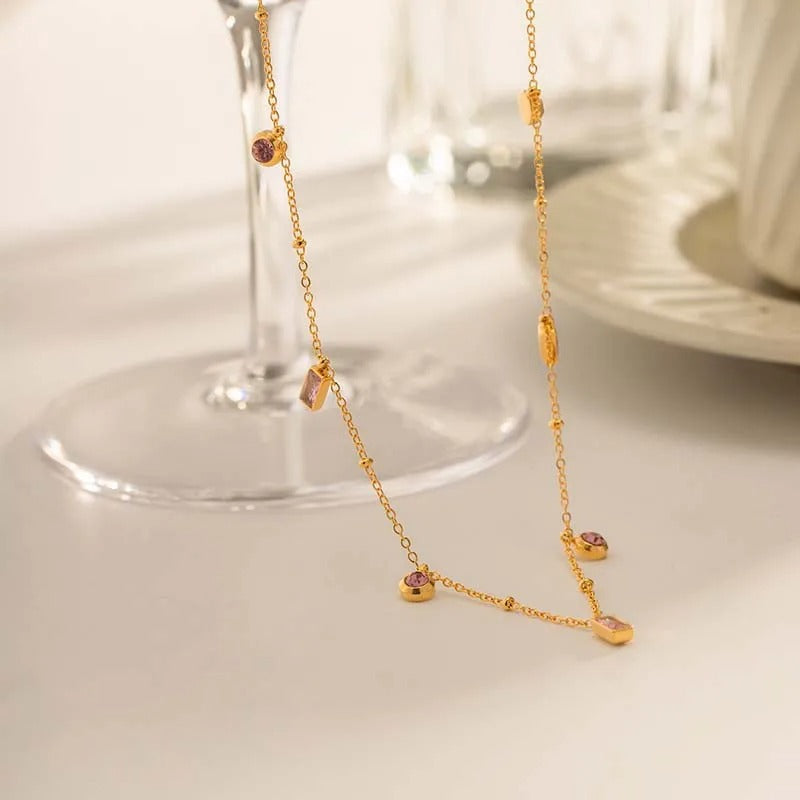 Vintage Delicate Pink Crystal Gold Necklace-Lydieannejewelry