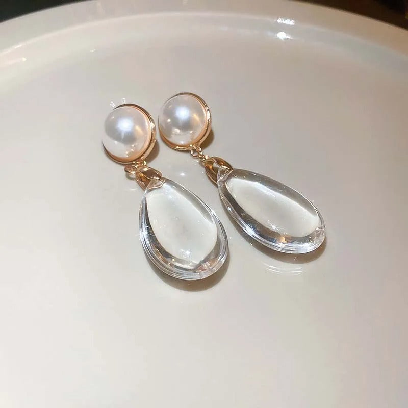 Classic Gold Pearl Big Crystal Pendant Earrings-Lydieannejewelry