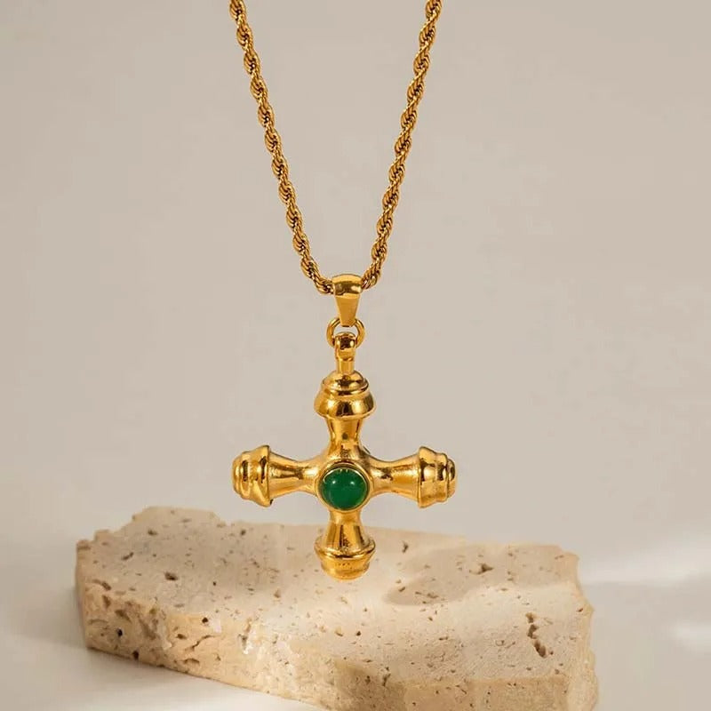 Vintage Gold Cross Pendant & Centered Green Gem Necklace-Lydieannejewelry