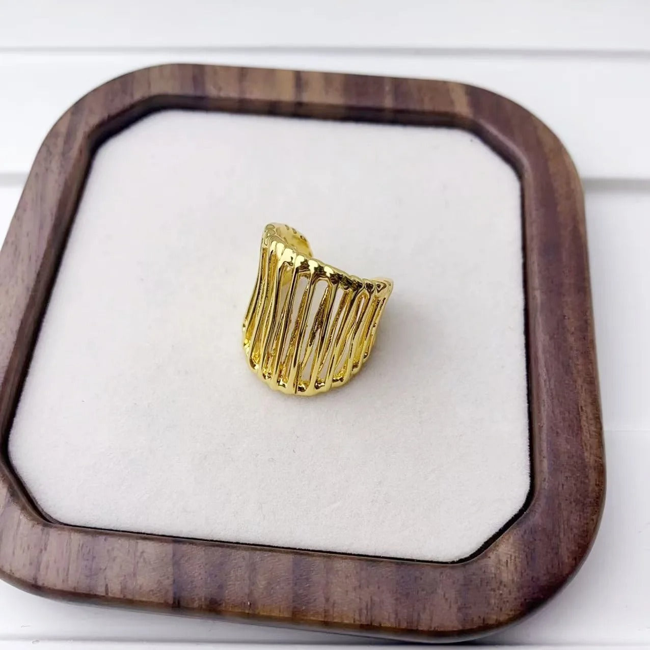 Gold Ribbed Bold Adjustable Ring-Lydieannejewelry