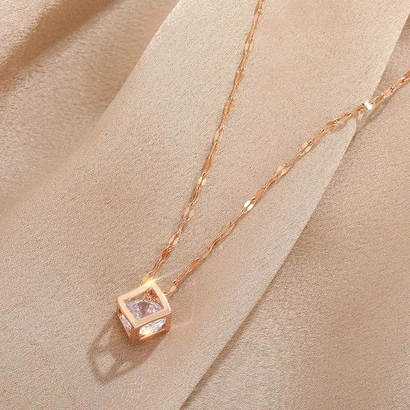 Vintage Rose Gold Crystal-Studded Square Pendant Necklace-Lydieannejewelry