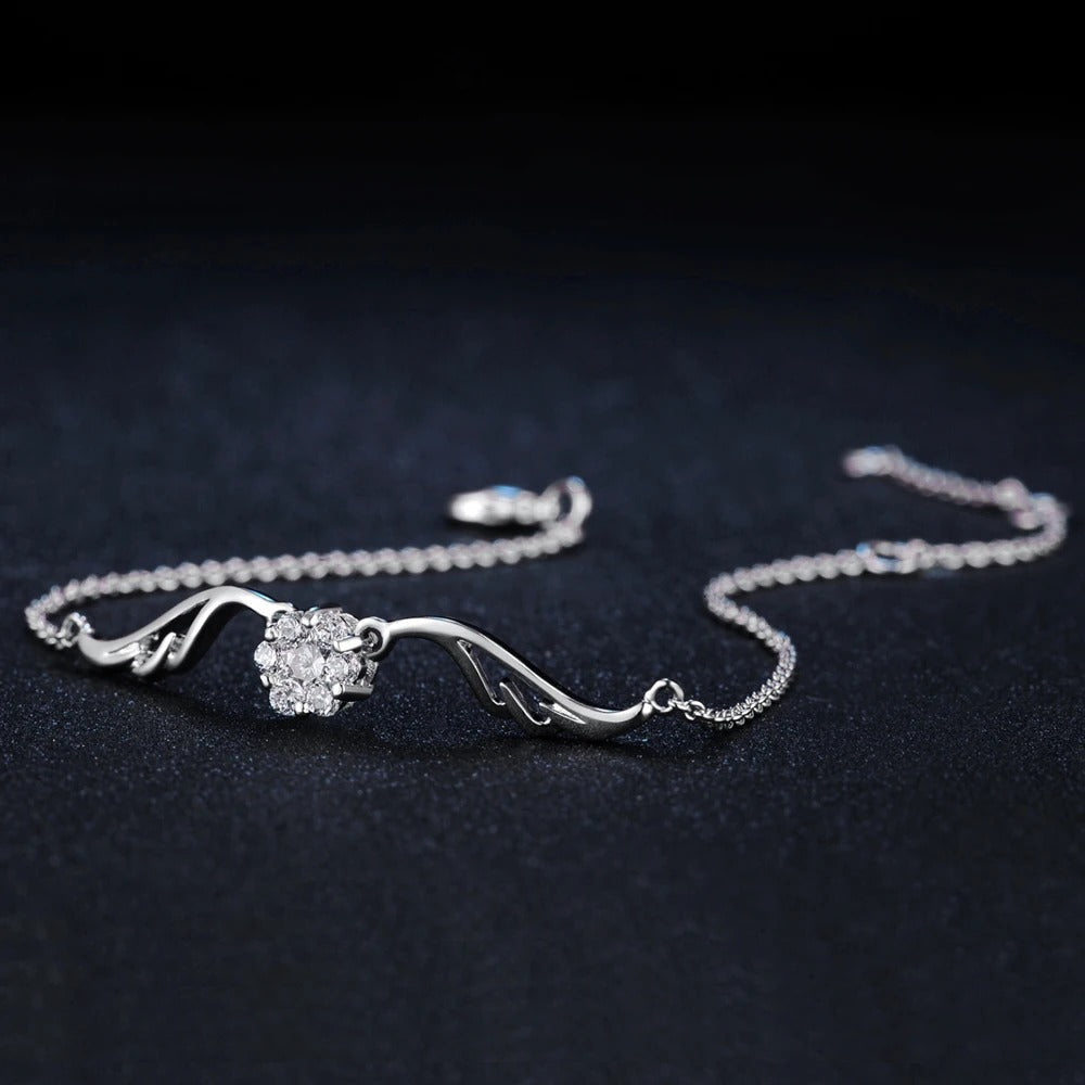 Vintage Silver Crystal Flower & Curved Design Bracelet-Lydieannejewelry