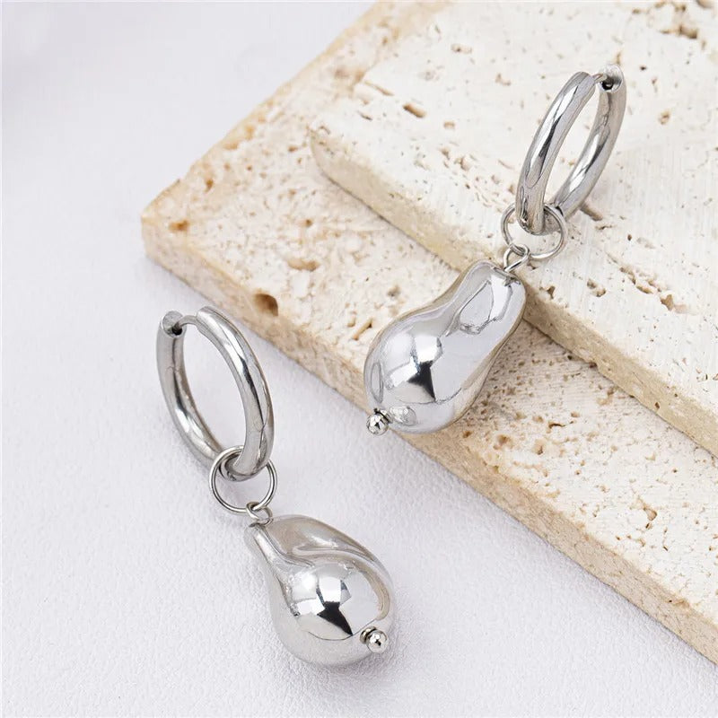 Retro Silver Smooth Pear Drop Accent Hoop Earrings-Lydieannejewelry