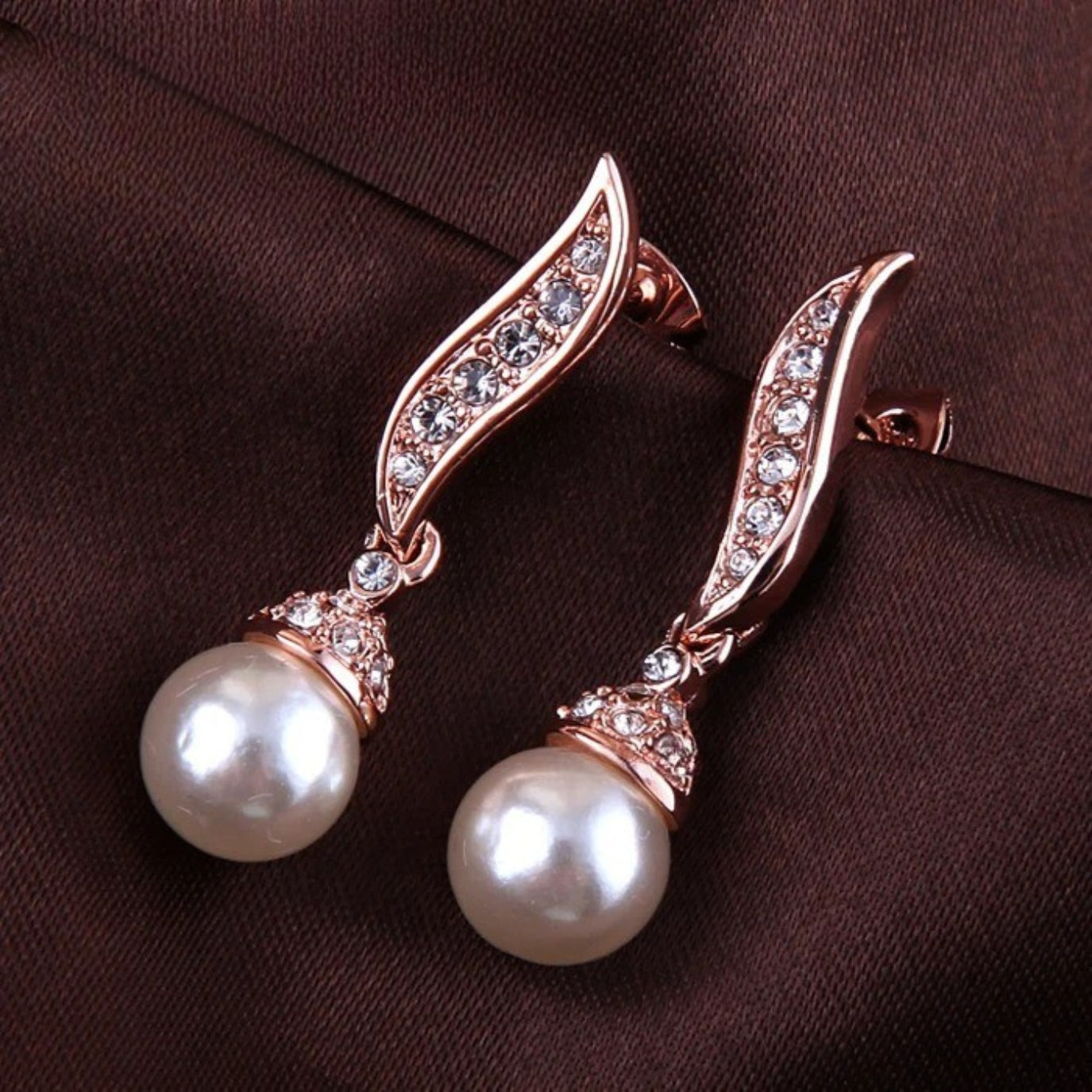 Vintage Rose Gold Pearl Drop & Sparkling Crystal Earrings-Lydieannejewelry