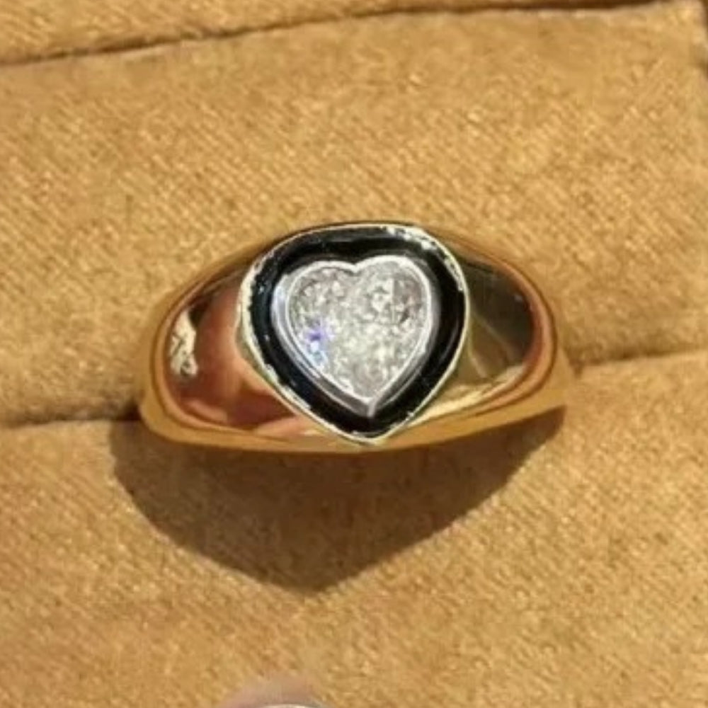 Retro Gold & Heart-Cut Diamond Black Enamel Adjustable Ring-Lydieannejewelry