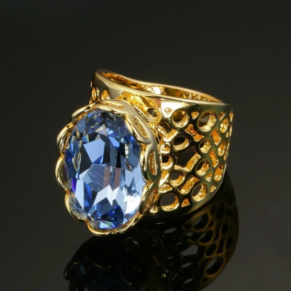 Classic Gold Blue Gem & Intricate Cut-Out Design Ring-Lydieannejewelry