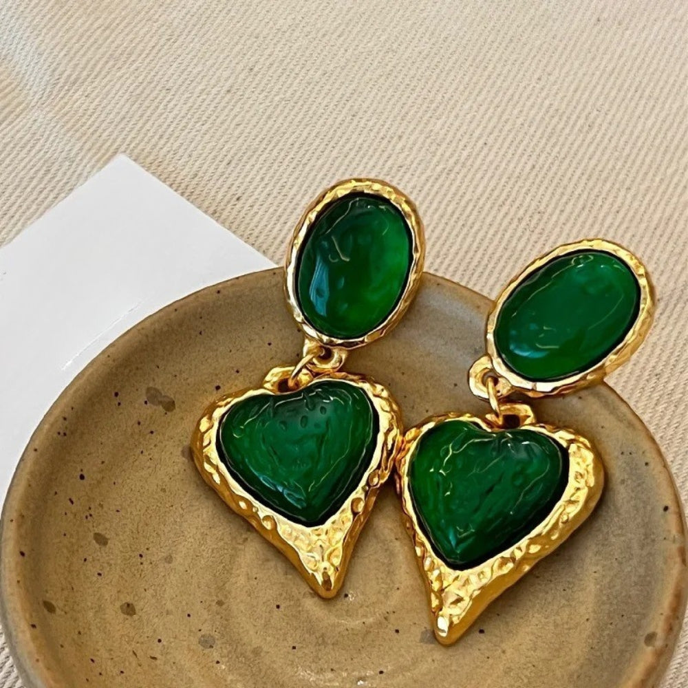 Timeless Gold Green Heart-Shaped Gemstones & Oval Earrings-Lydieannejewelry