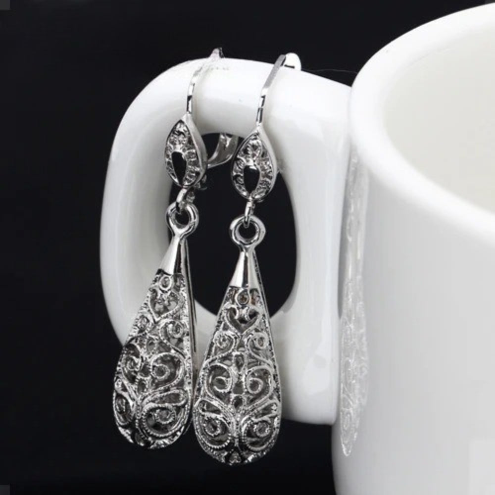 Timeless Silver Delicate Filigree Pattern Teardrop Earrings-Lydieannejewelry