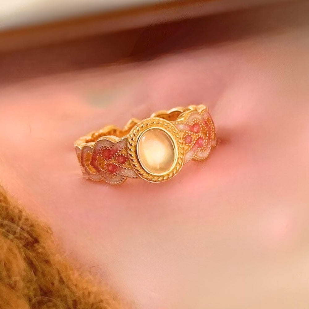Vintage Gold & Unique Pink Crystal Oval Blossom Adjustable Ring-Lydieannejewelry