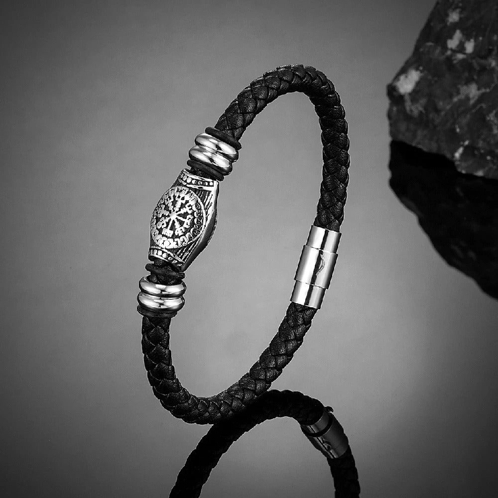 Braided Black Viking Compass Leather Bracelet-Lydieannejewelry