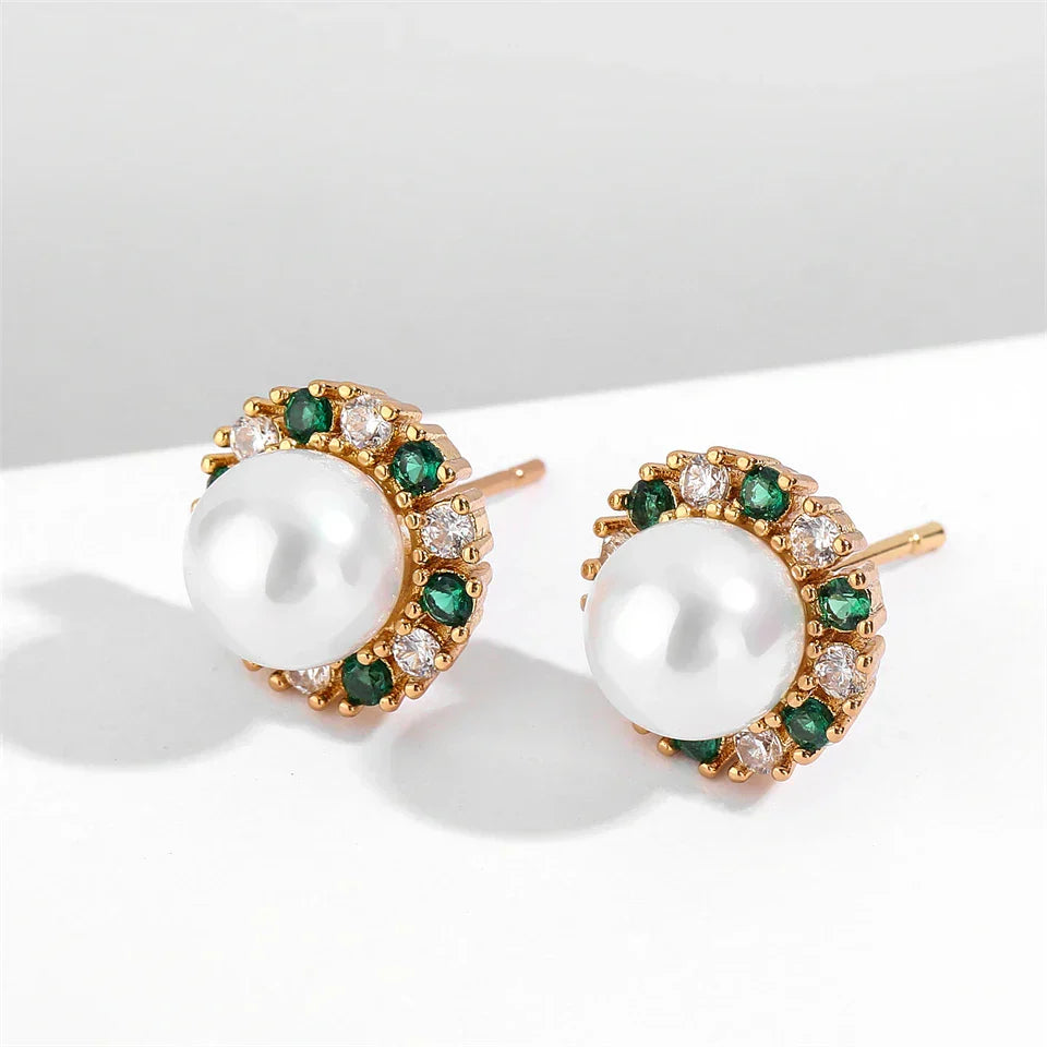 Vintage Green & White Pearl Stud Earrings-Lydieannejewelry