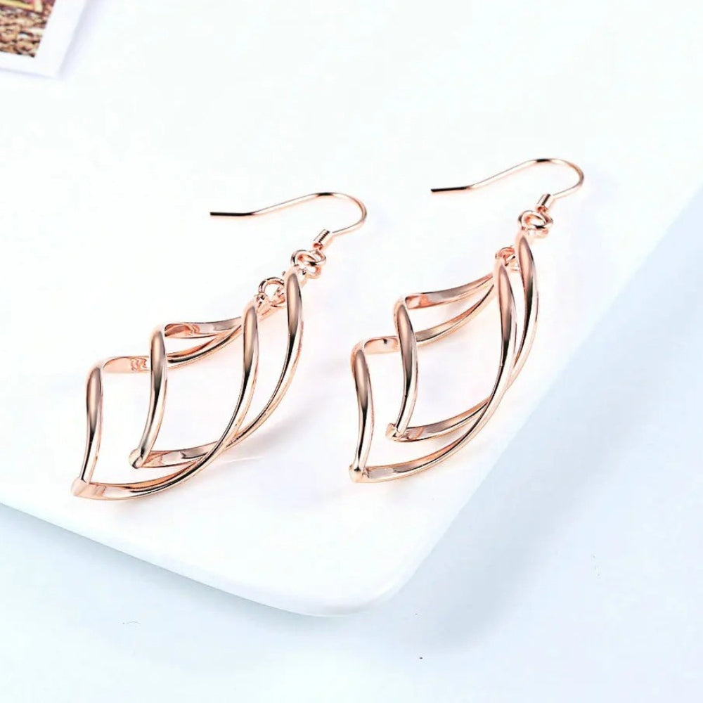 Rose Gold Intricate Wavy Layer Pattern Drop Earrings-Lydieannejewelry