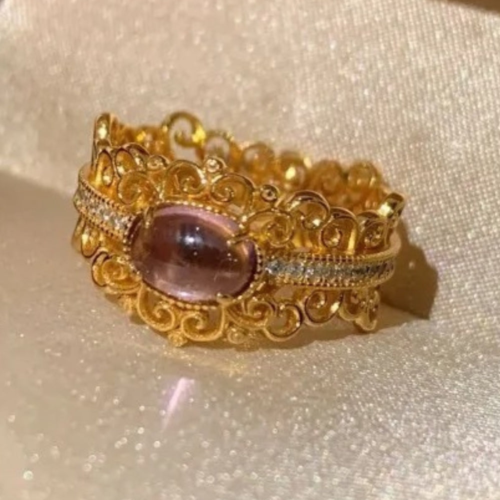 Classic Gold & Purple Oval Gemstone Filigree Crystal Adjustable Ring-Lydieannejewelry