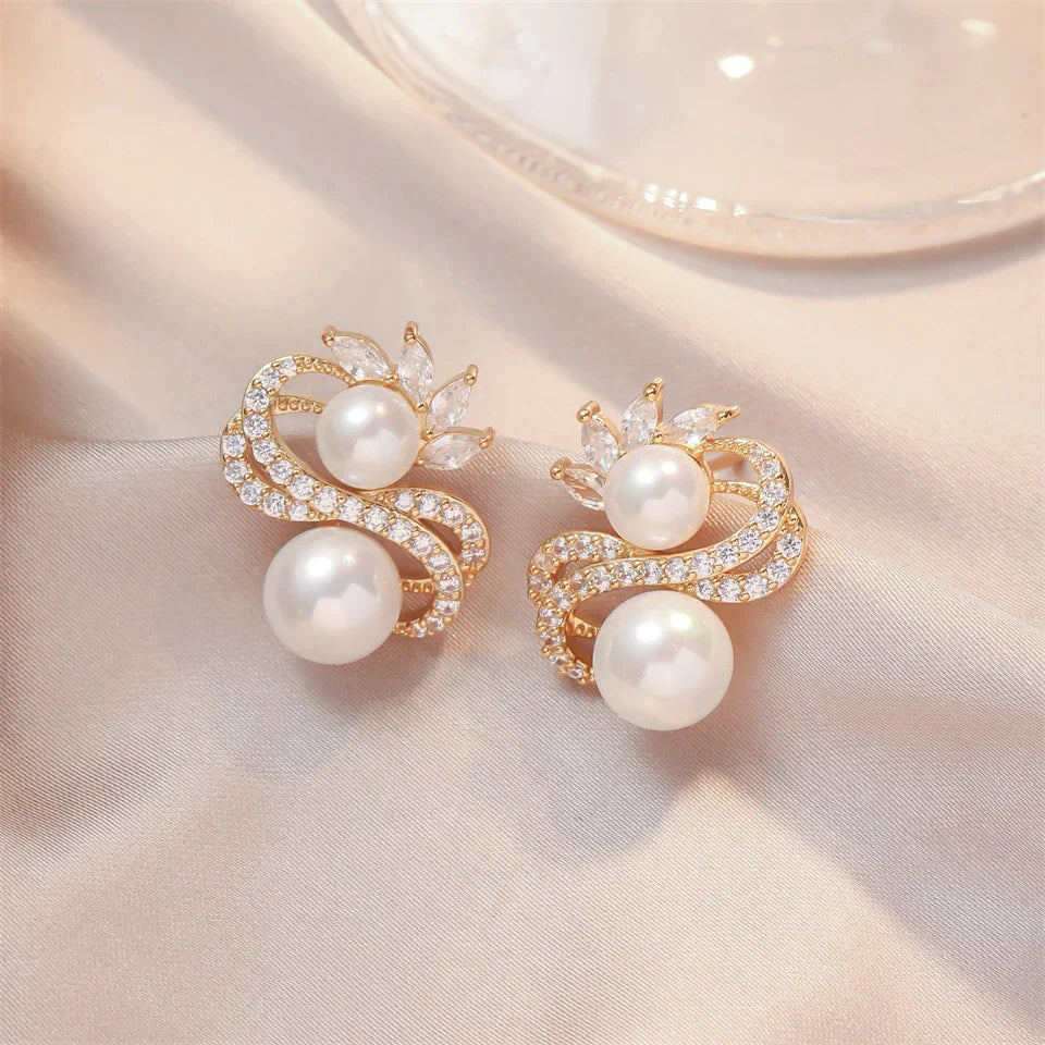 Vintage Pearl & Crystal Swirl Earrings-Lydieannejewelry