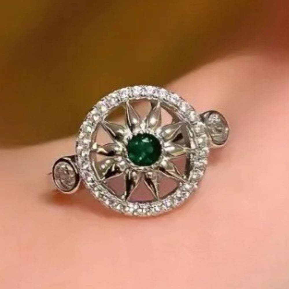 Classic Silver & Green Gemstone Sunflower Adjustable Ring-Lydieannejewelry